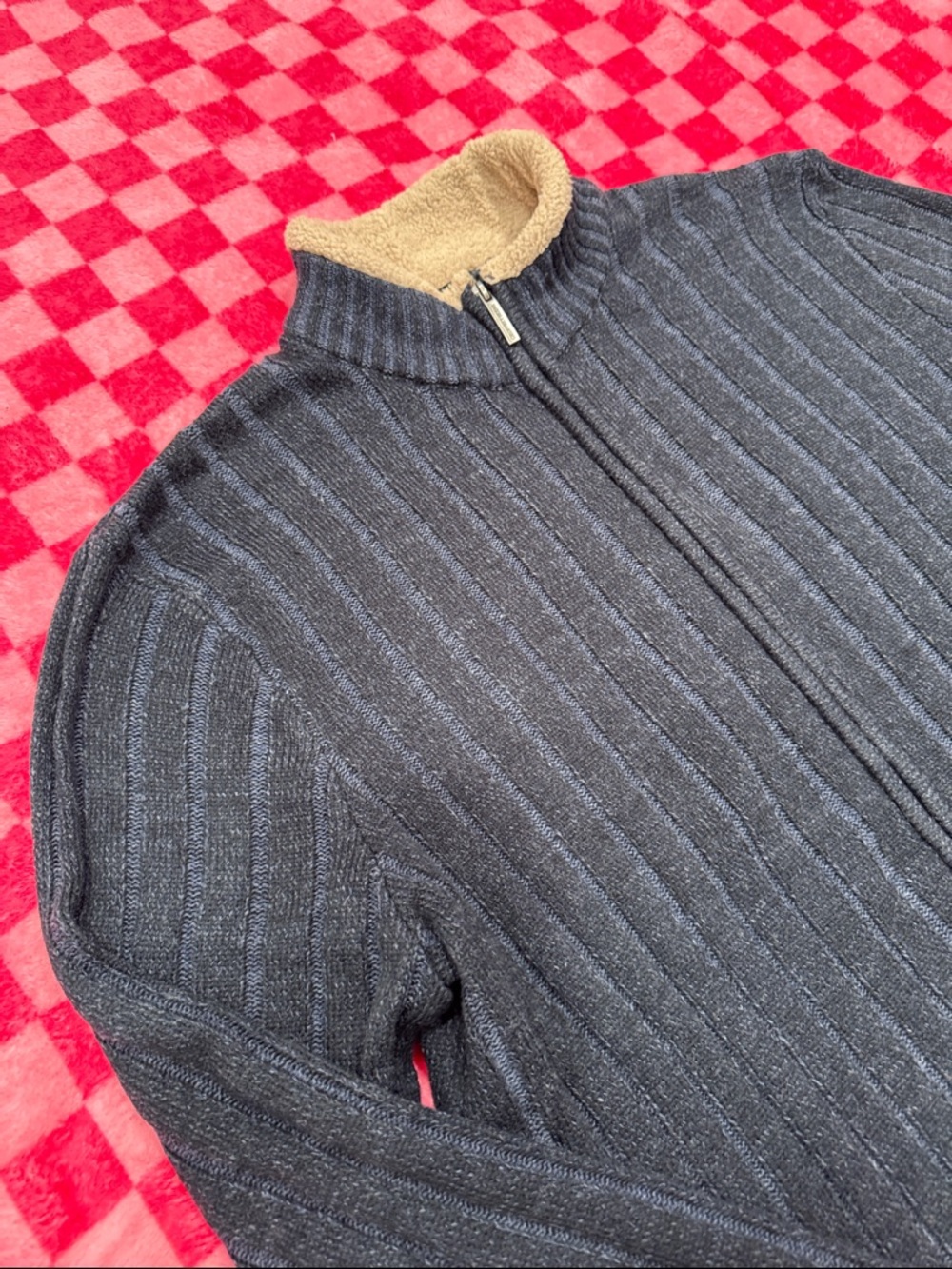 Geoffrey Beene Men's Navy Ribbed Full-Zip Sweater with Cream Sherpa Collar - Picture 4 of 6